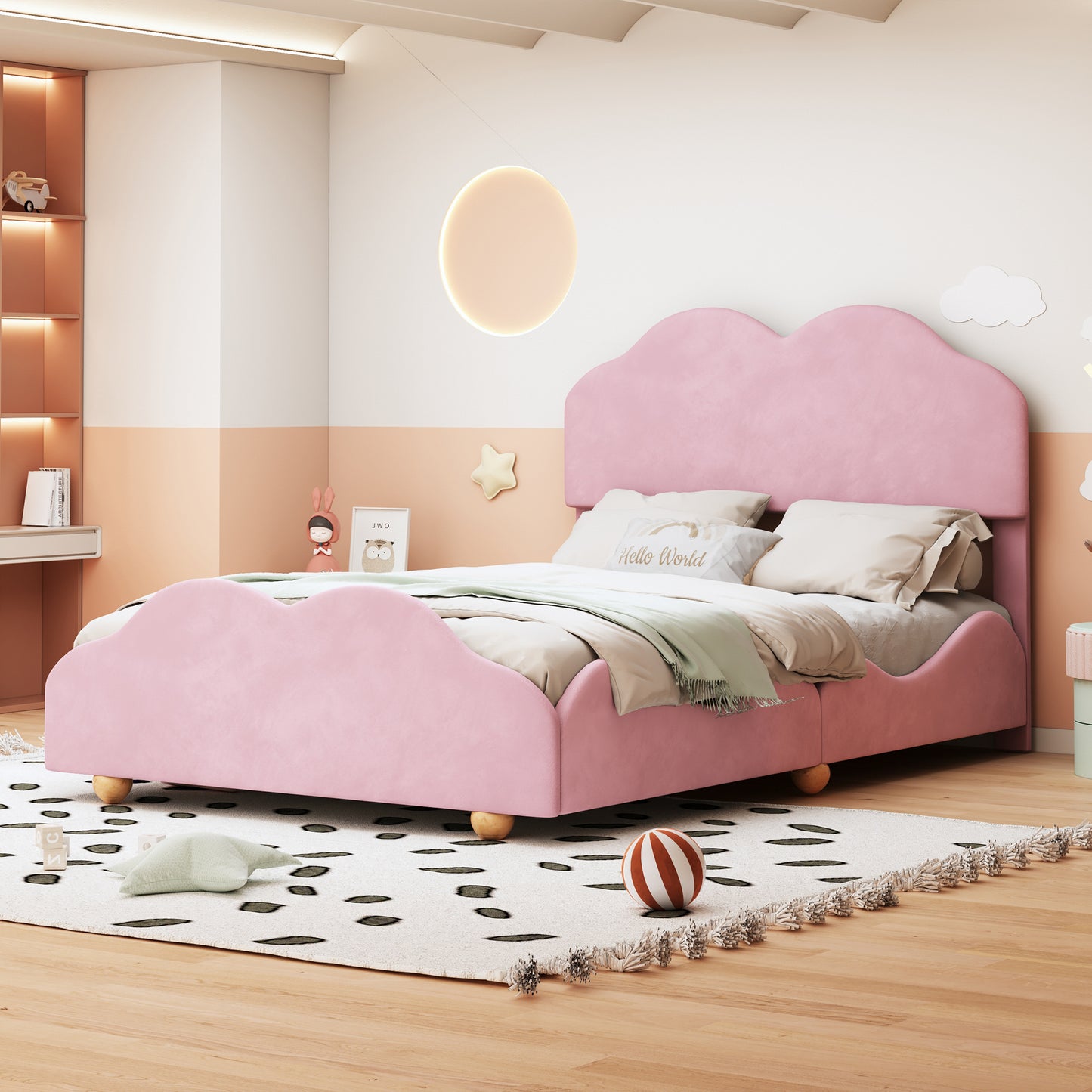upholstered bed with cloud shaped bed board, light pink
