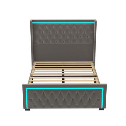Velvet Upholstered Bed with Adjustable Colorful LED Light Decorative Headboard