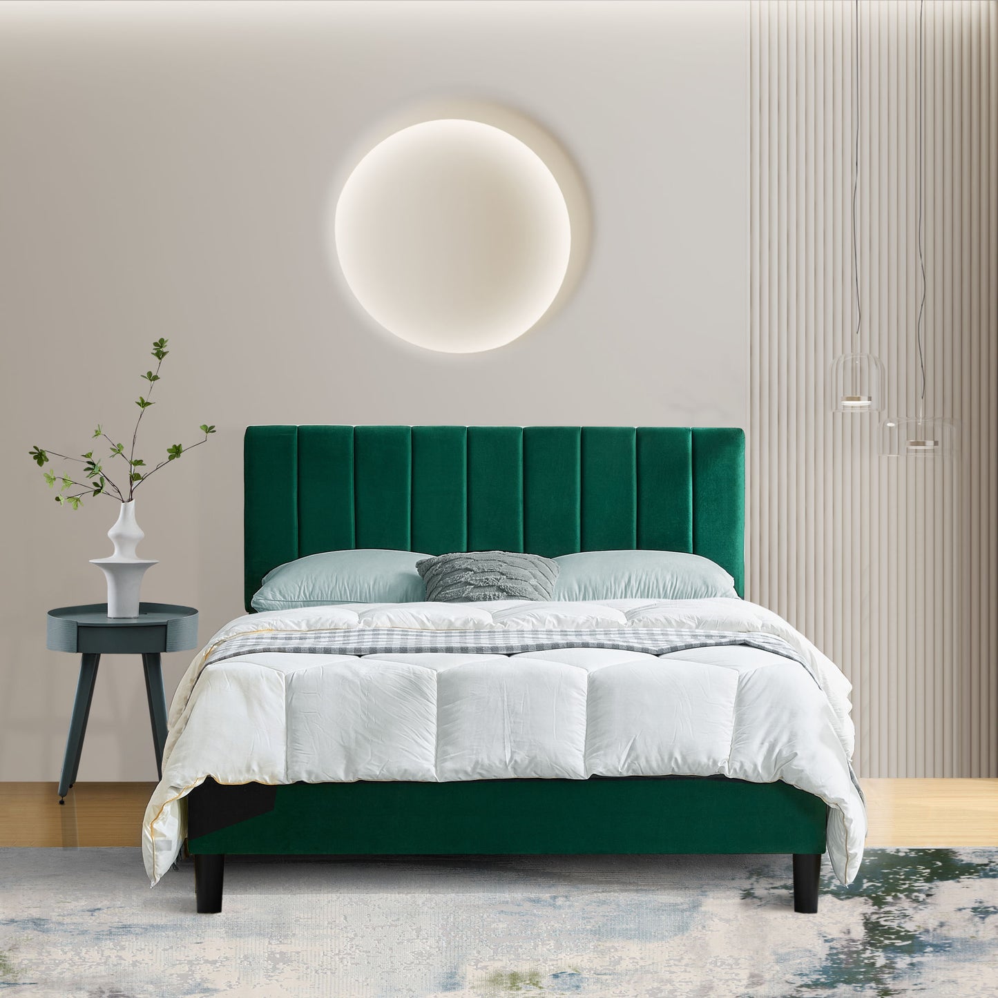 queen size platform bed with upholstered headboard and slat support, green