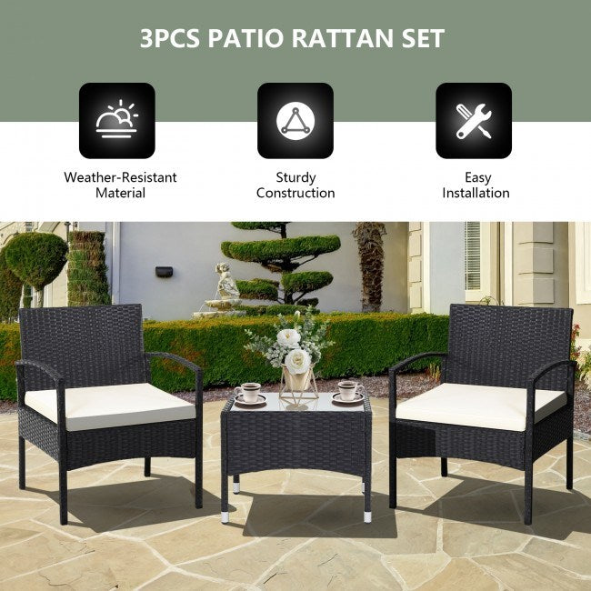 3 pieces patio wicker rattan furniture set with cushion