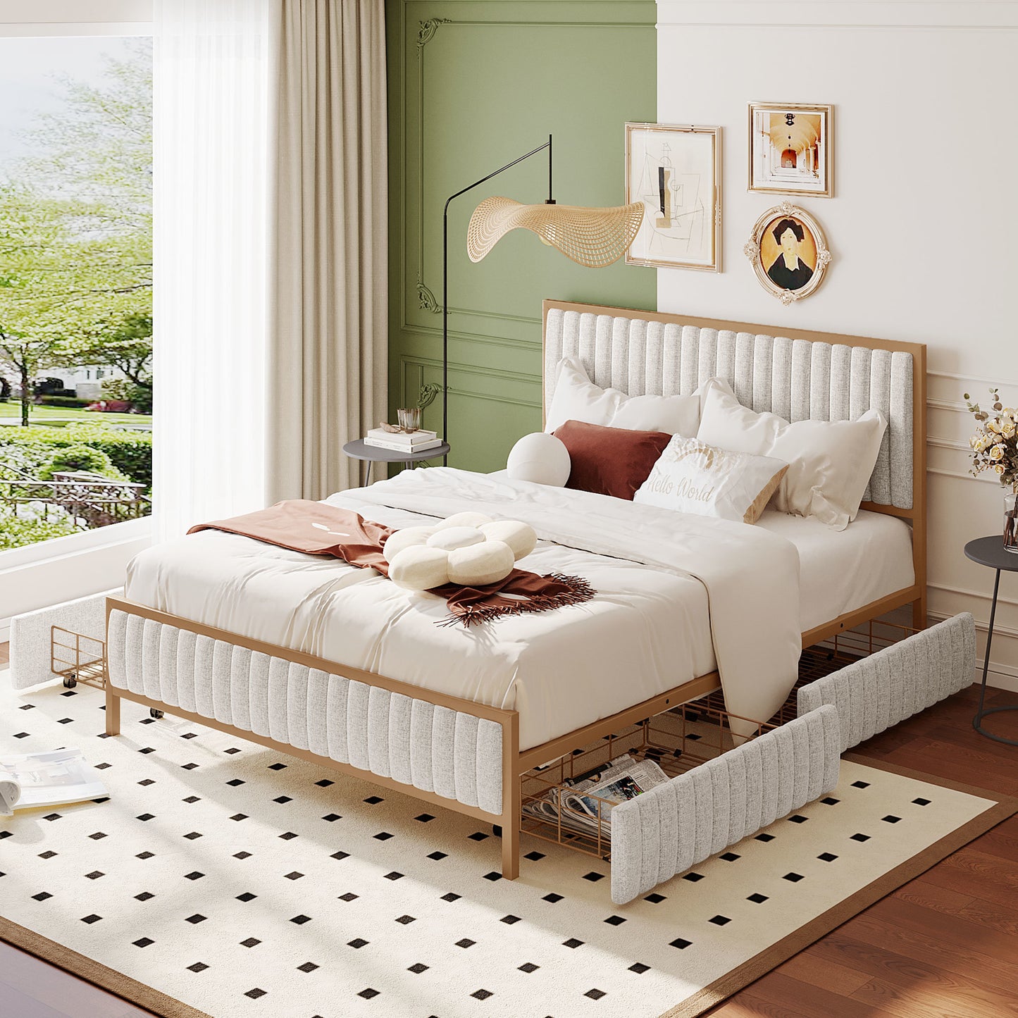 queen size metal frame upholstered bed with 4 drawers, linen fabric, beige