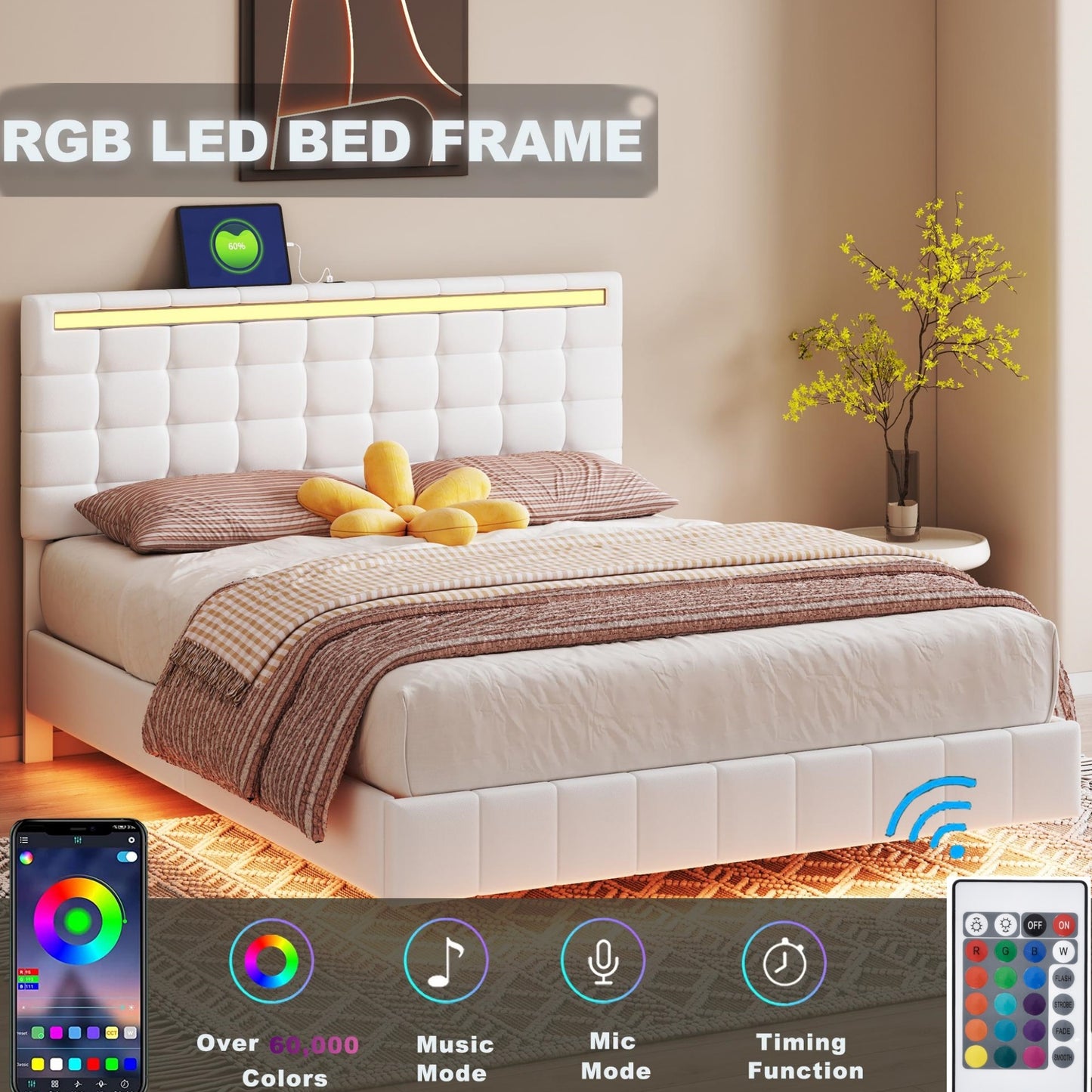 floating bed frame with led lights and usb charging #5