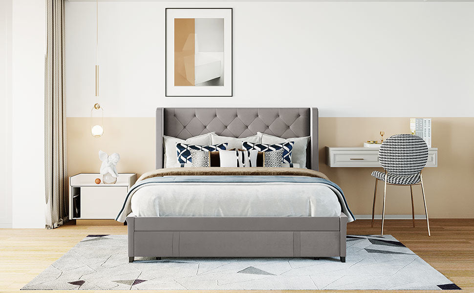 modern velvet upholstered platform bed with wingback headboard and a big drawer