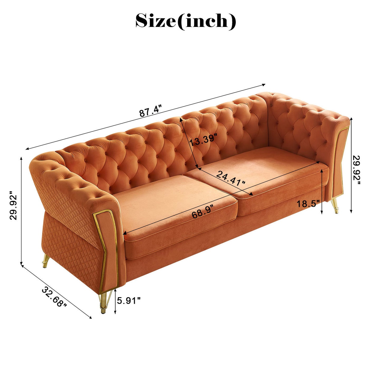 modern tufted velvet sofa, orange