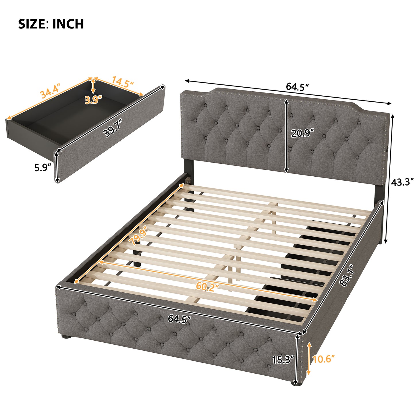 sam upholstered platform bed with 2 drawers and 2 sets of usb ports