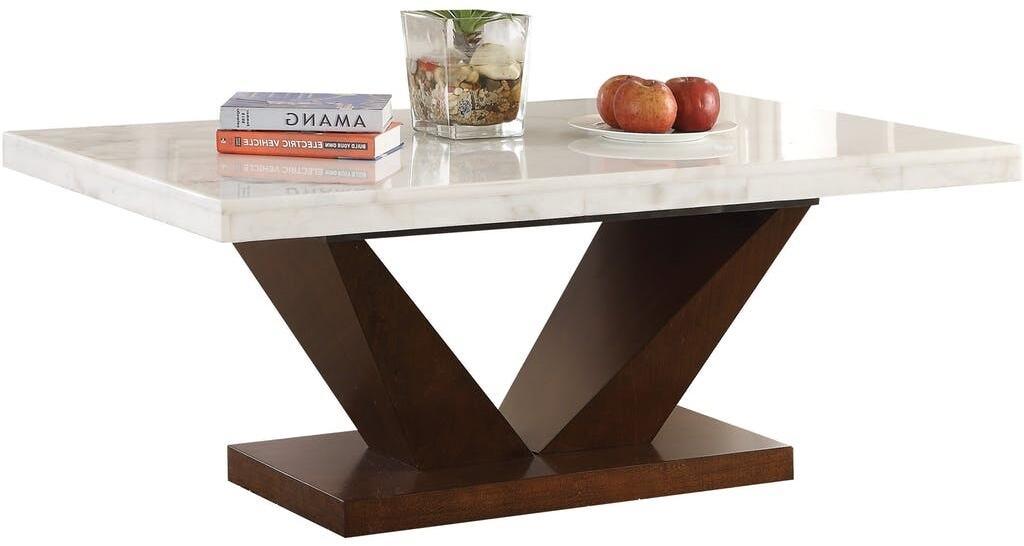 acme forbes dining table in white marble & walnut