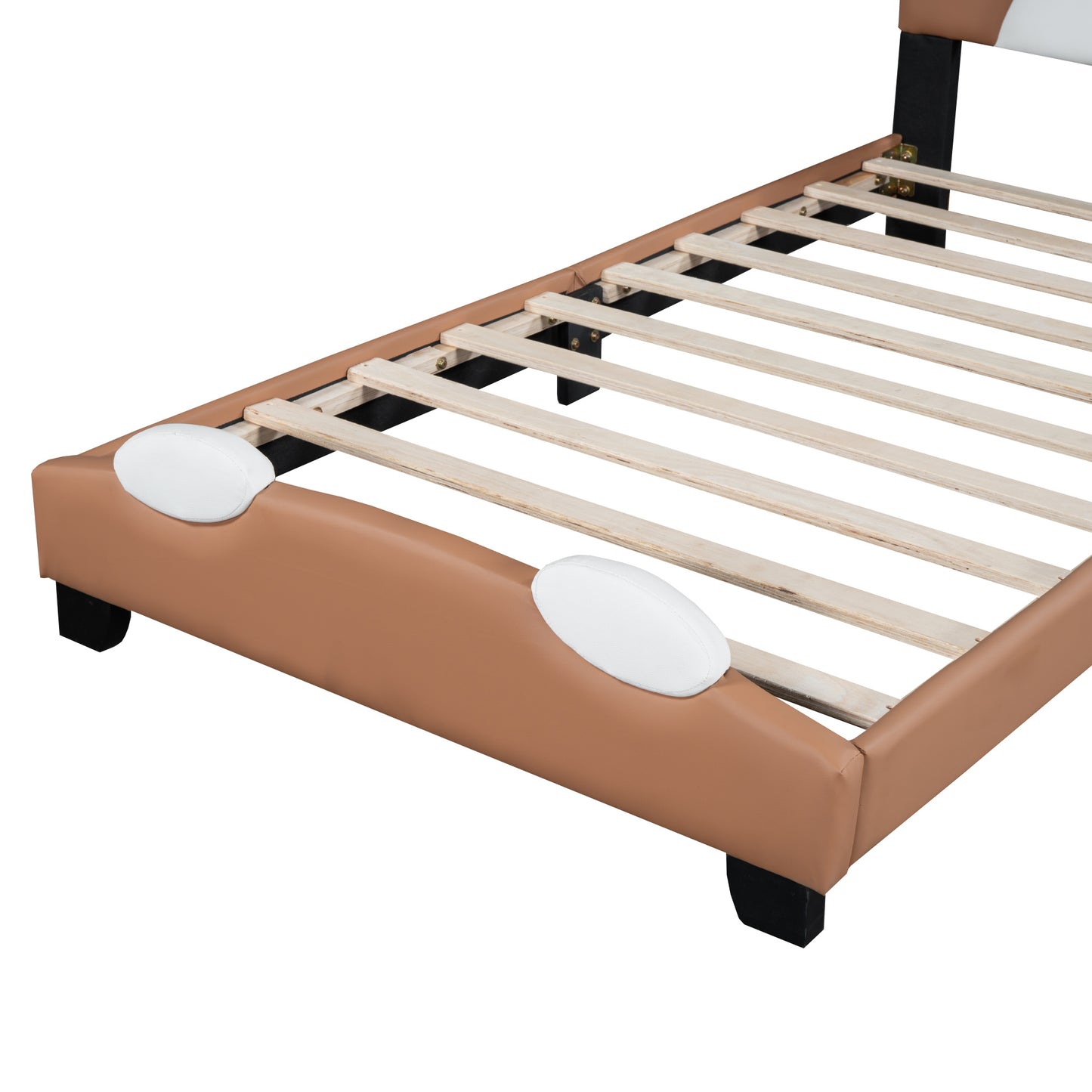upholstered leather platform bed with lion-shaped headboard, brown