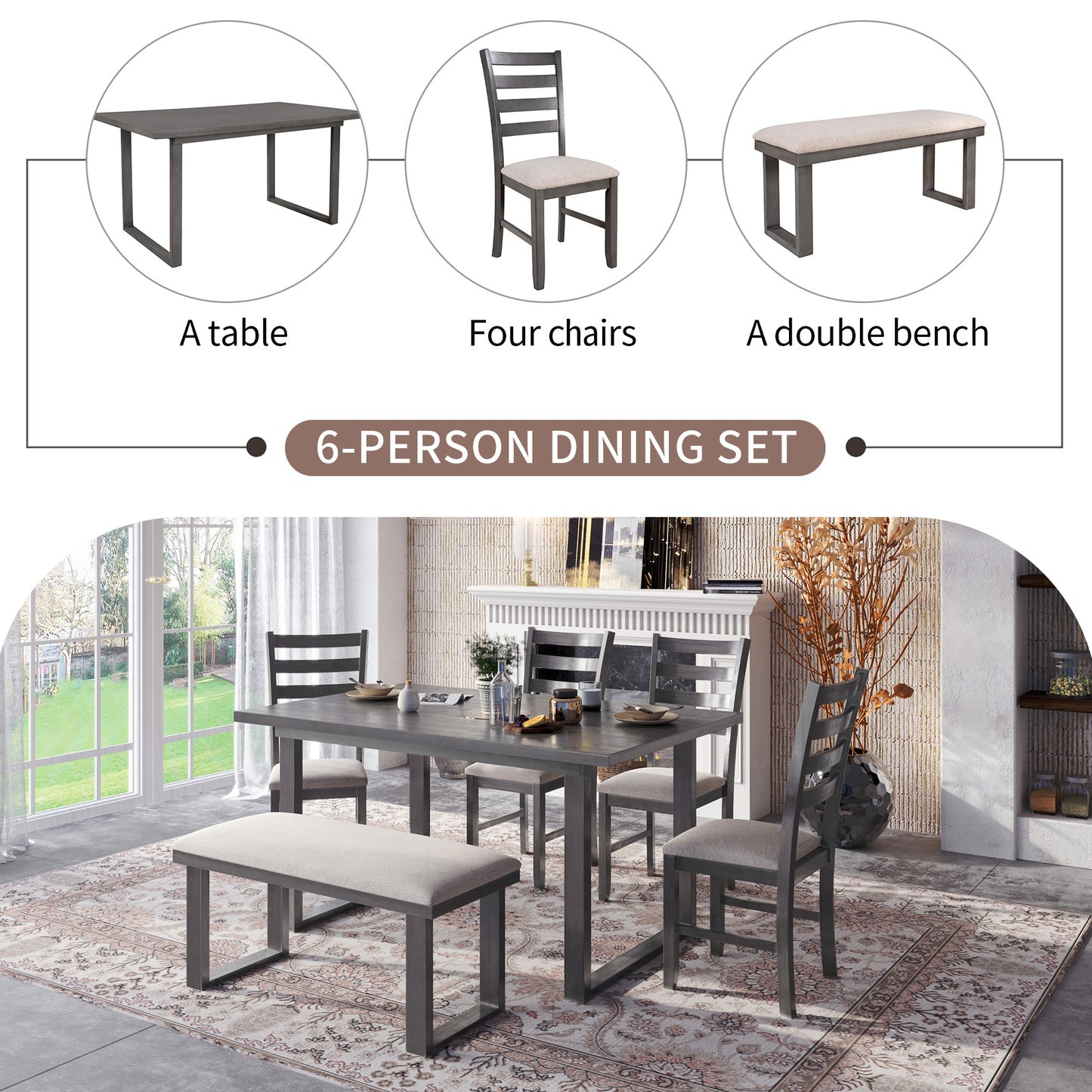 6-pieces solid wood dining table set