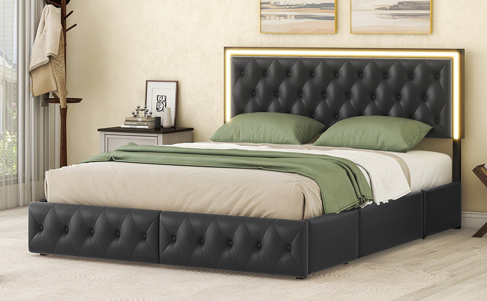 queen upholstered pu leather platform bed with led headboard, black