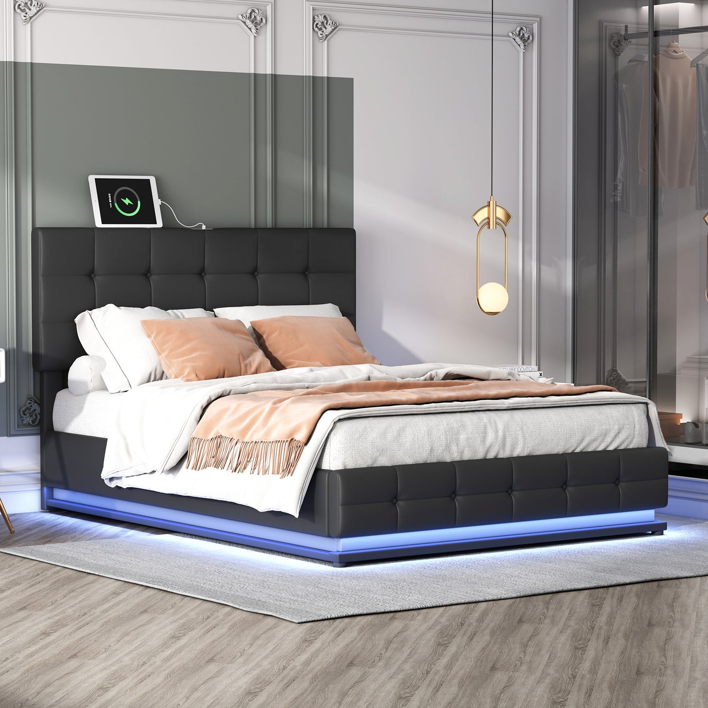 tufted upholstered platform bed with hydraulic storage system, led lights, and usb charger, black