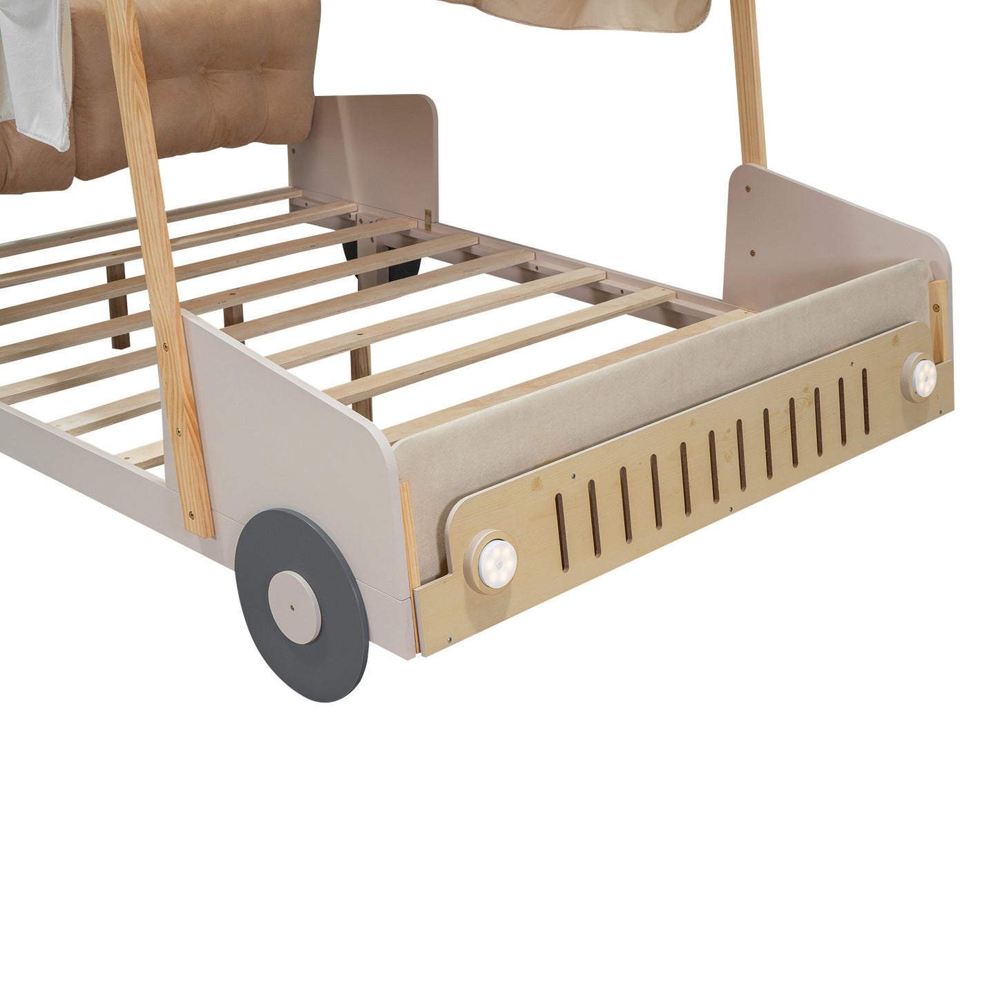 wooded car bed with pillow, ceiling cloth and led lights
