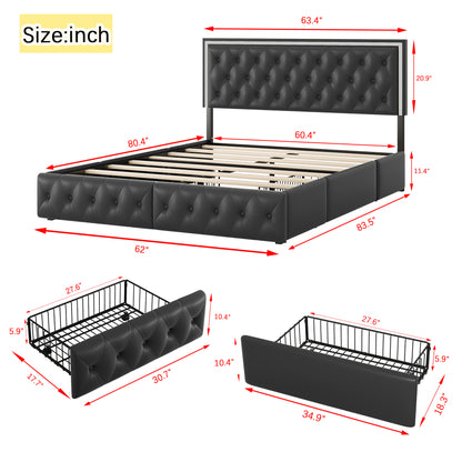 Queen Upholstered PU Leather Platform Bed with LED Headboard, Black