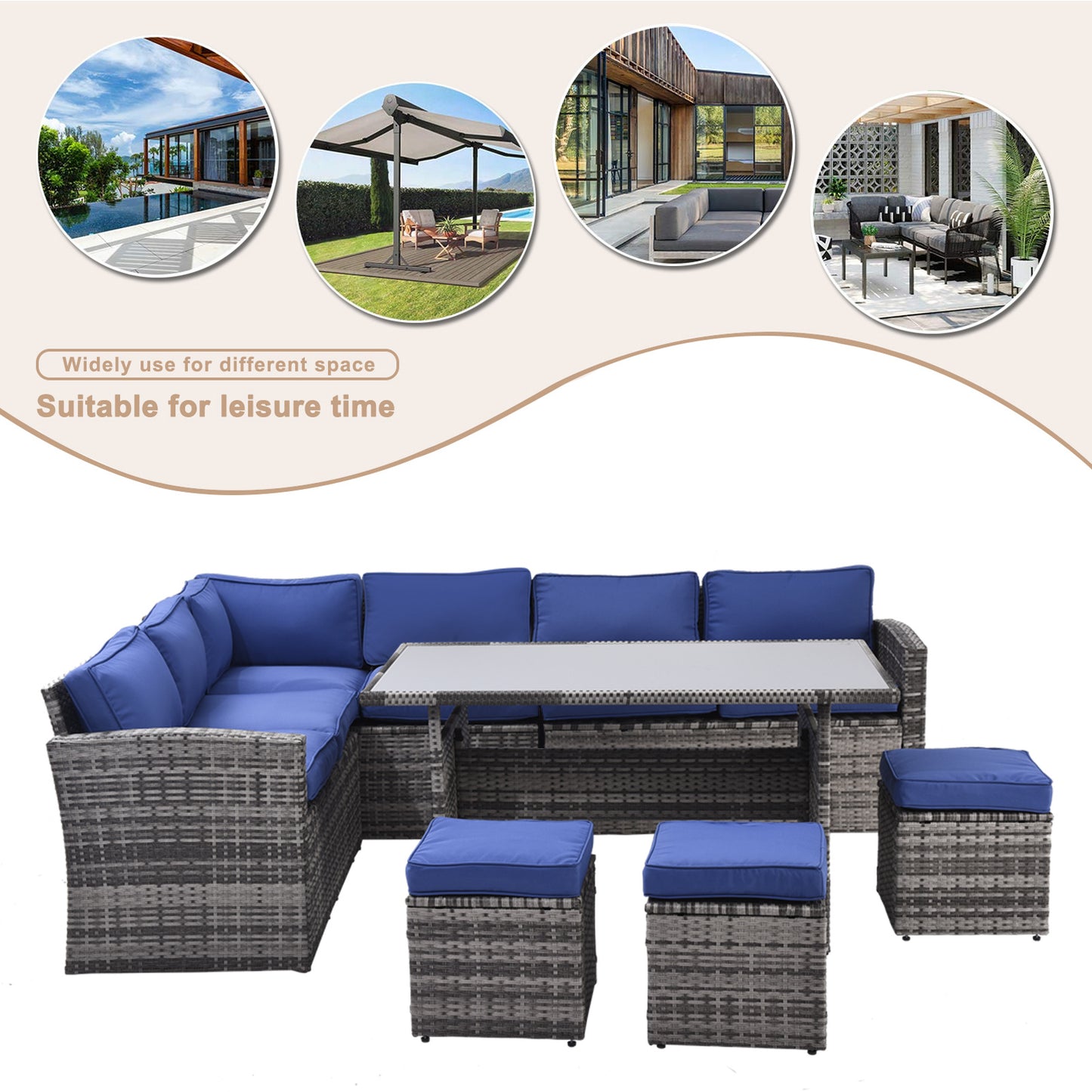 7 pieces outdoor sectional conversation sofa with dining table, chairs and ottomans, grey+blue