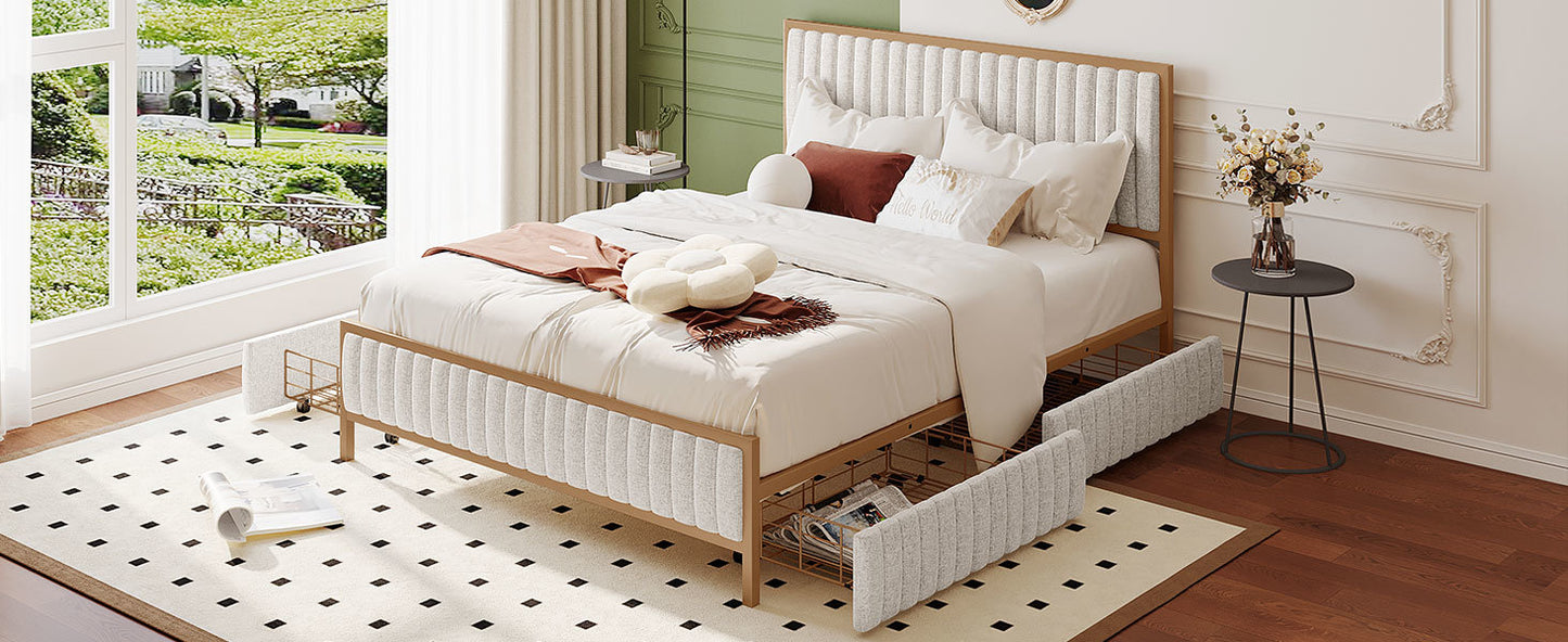 queen size metal frame upholstered bed with 4 drawers, linen fabric, beige
