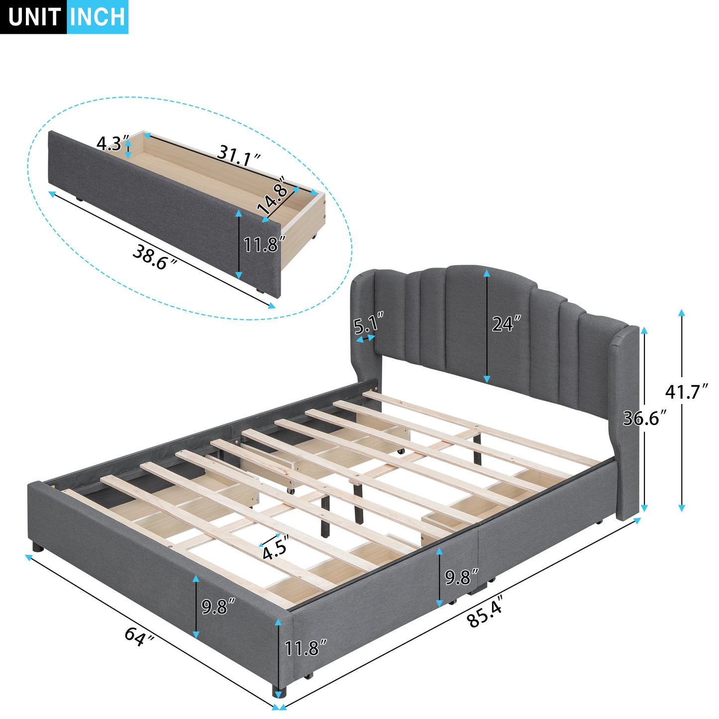 upholstered platform bed with wingback headboard and 4 drawers, gray