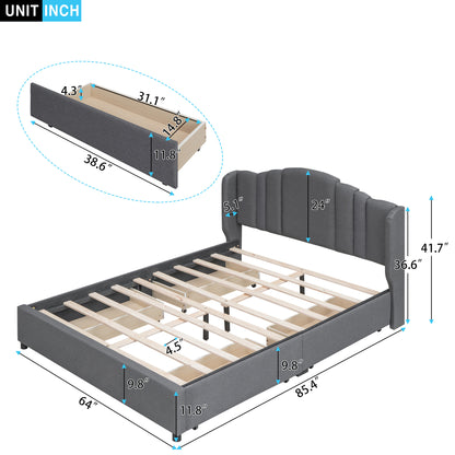 Upholstered Platform Bed with Wingback Headboard and 4 Drawers, Gray