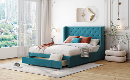Velvet Upholstered Platform Bed with Wingback Headboard and a Big Drawer, Blue