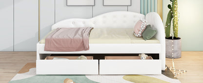 Upholstered Tufted Bed with Two Drawers and Cloud Shaped Guardrail, White