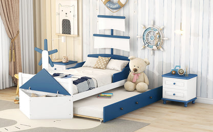 3-Pieces Boat-Shaped Platform Bed with Trundle and Two Nightstands, White+Blue