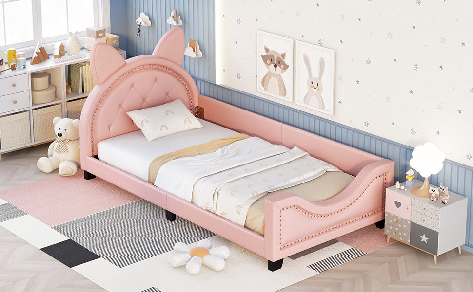 upholstered daybed with carton ears shaped headboard, pink