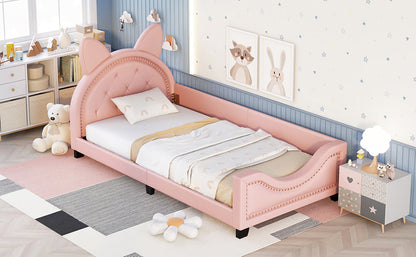 Upholstered Daybed with Carton Ears Shaped Headboard, Pink