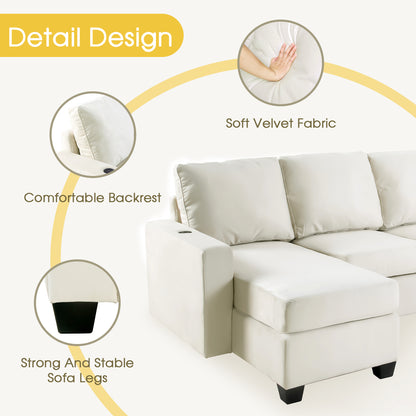 Modern L shape Sectional Sofa With USB Charging Port, Cream