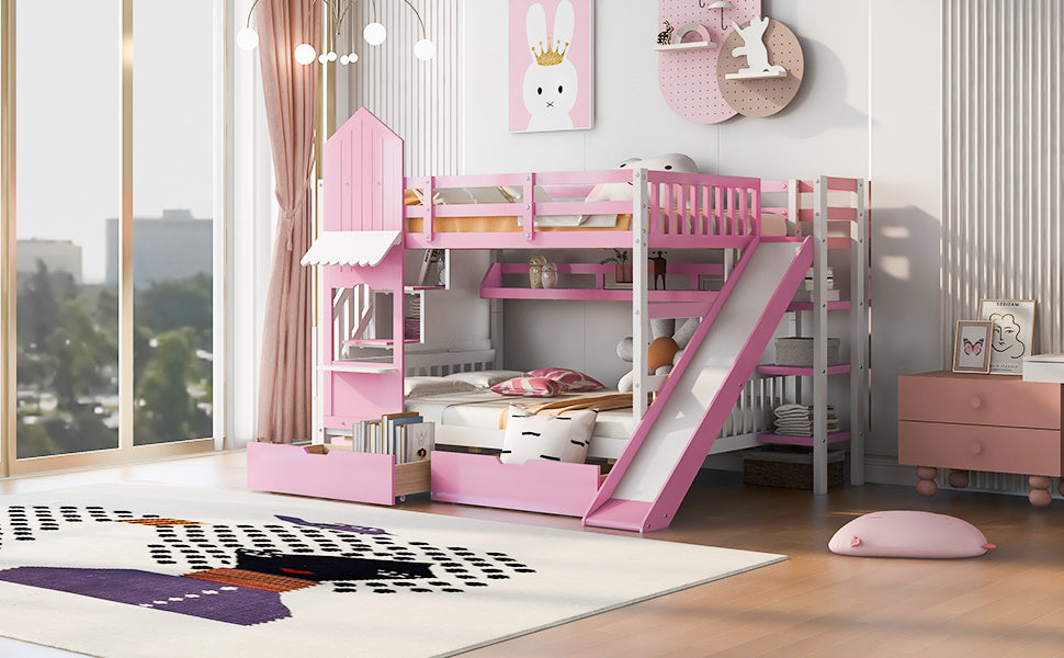 full-over-full castle style bunk bed with 2 drawers 3 shelves and slide - pink