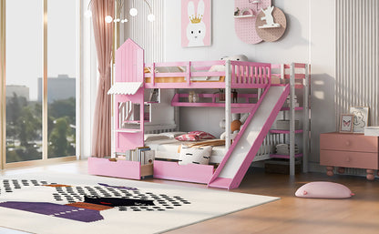 Full-Over-Full Castle Style Bunk Bed with 2 Drawers 3 Shelves and Slide - Pink