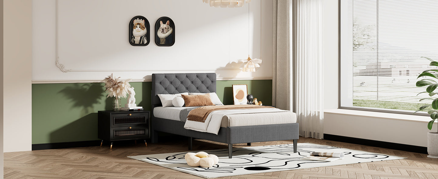 linen upholstered platform bed