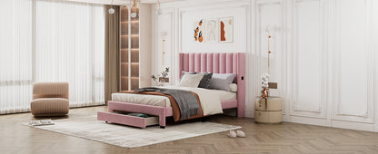 Velvet Upholstered Platform Bed with a Big Drawer
