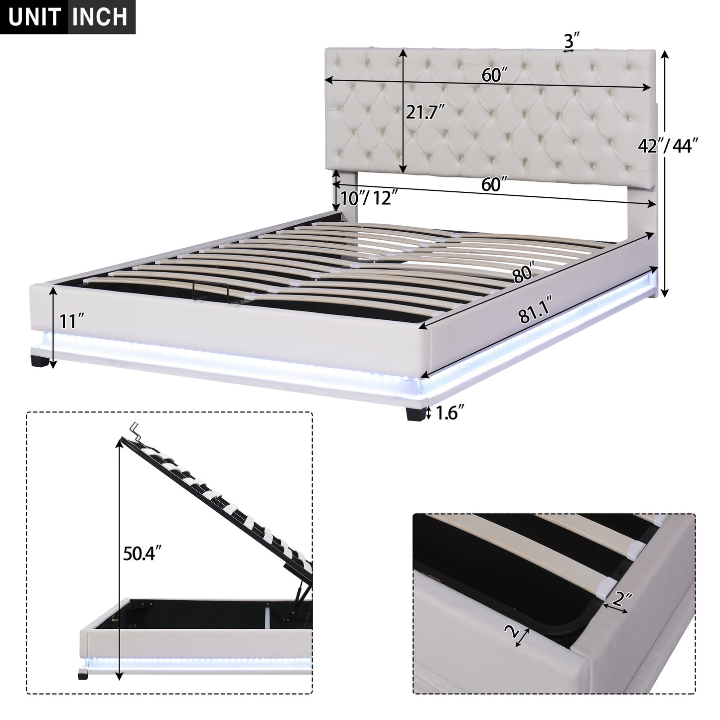 kaylie upholstered platform bed with storage & adjustable tufted headboard and led light