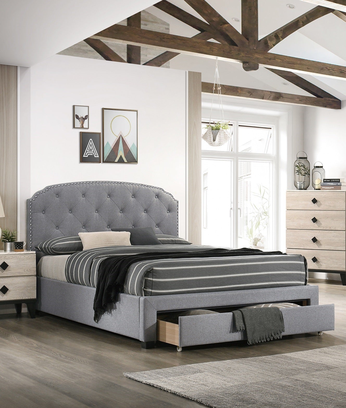 burlap bed with drawer button tufted headboard +storage, grey