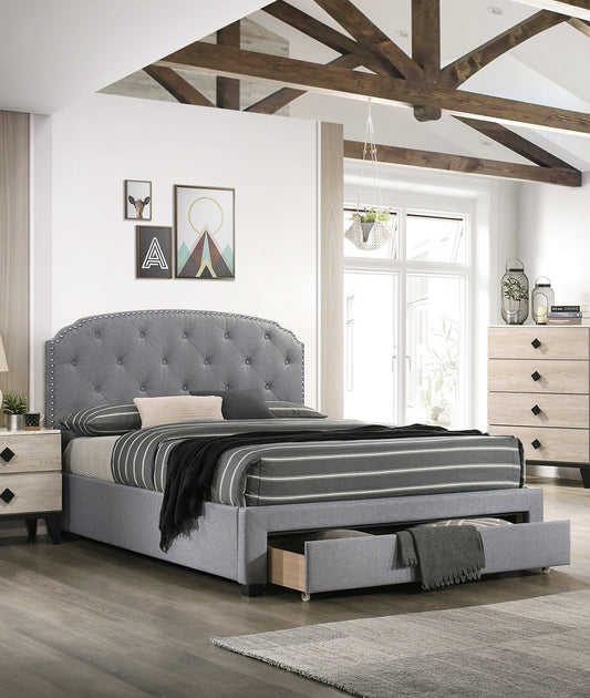 Burlap Bed with Drawer Button Tufted Headboard +Storage, Grey