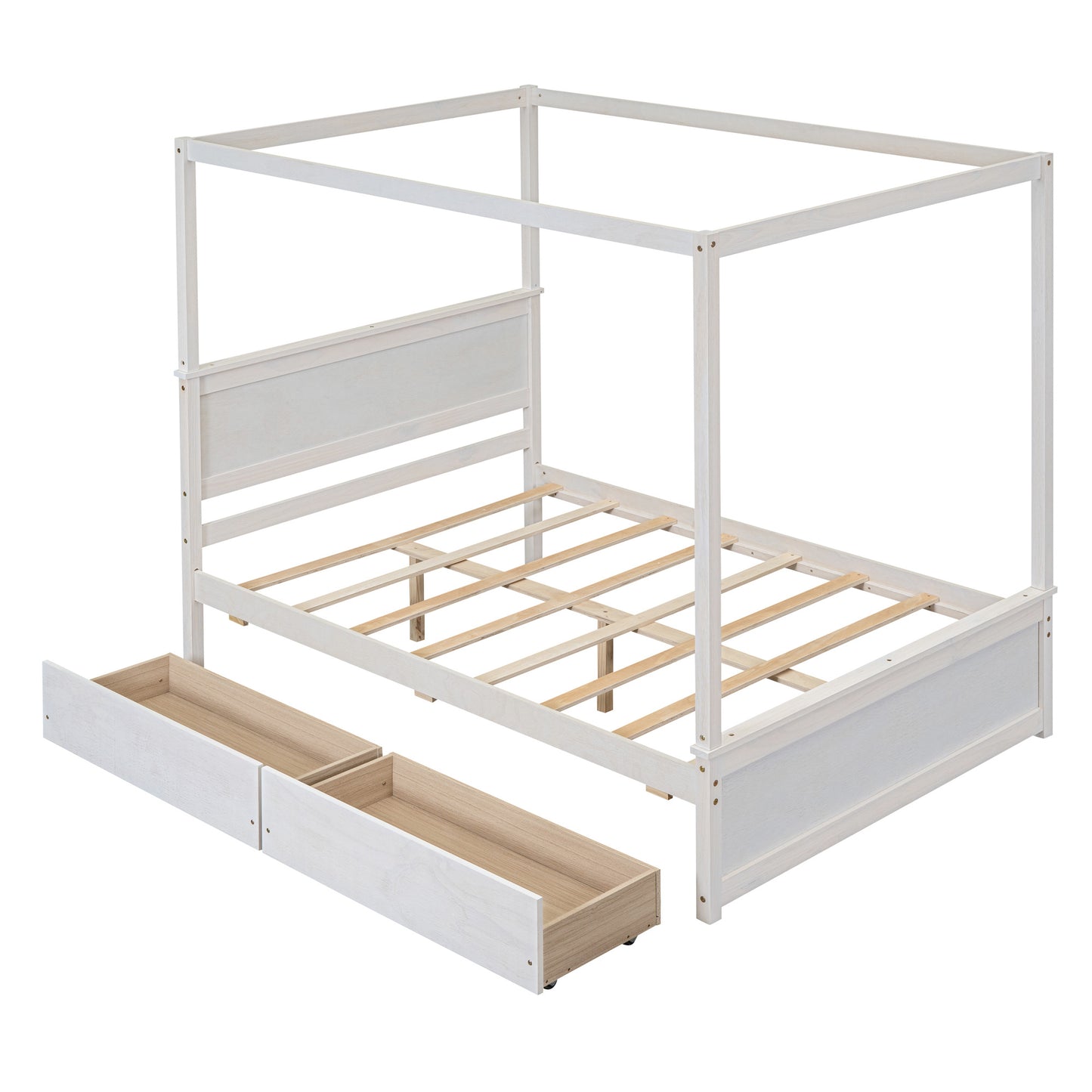 wood canopy bed with two drawers, white