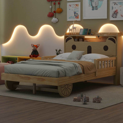 Car Bed with Bear-Shaped Headboard, USB and LED, Natural