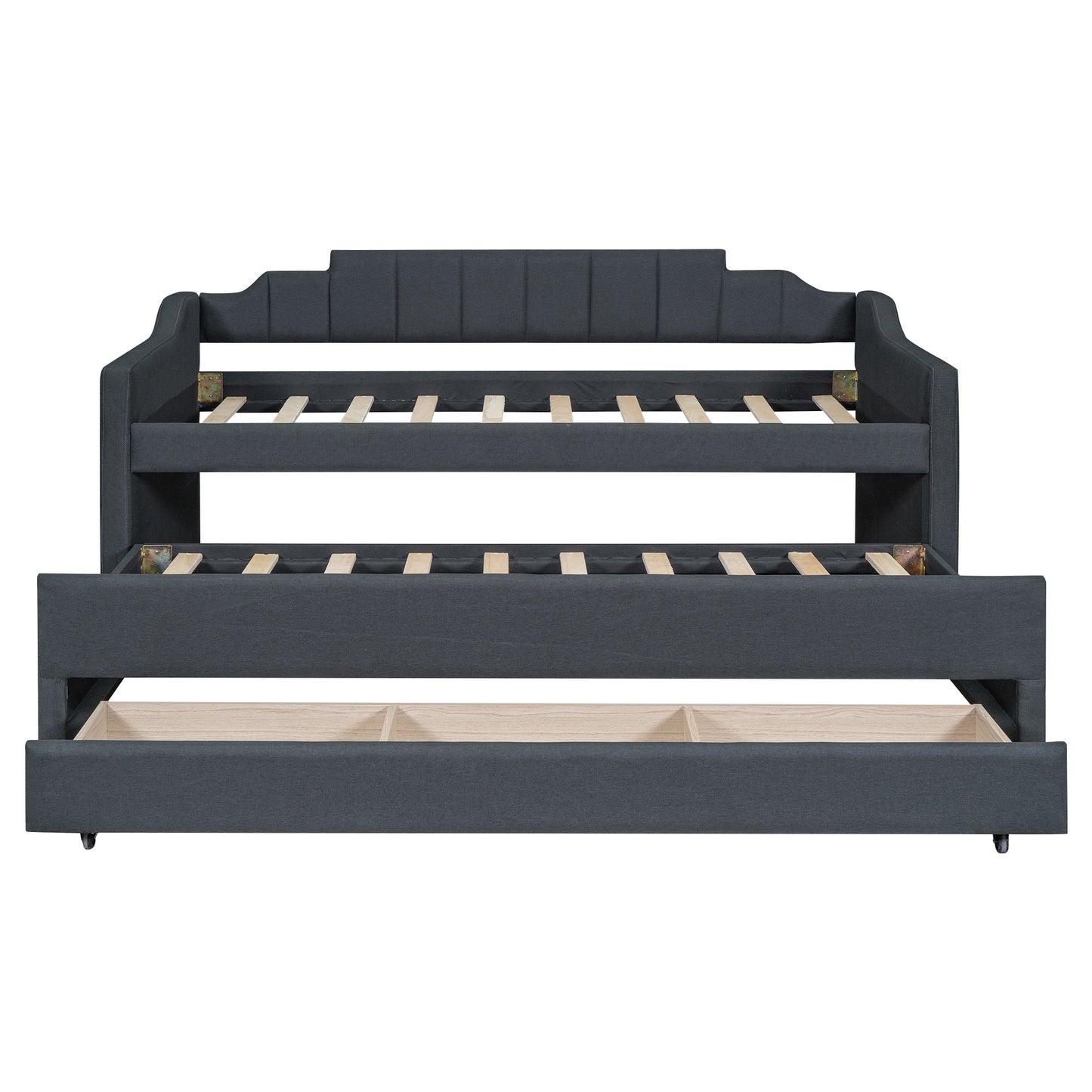 upholstered bed with trundle and three drawers, grey