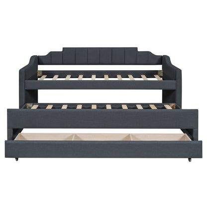 Upholstered Bed with Trundle and Three Drawers, Grey
