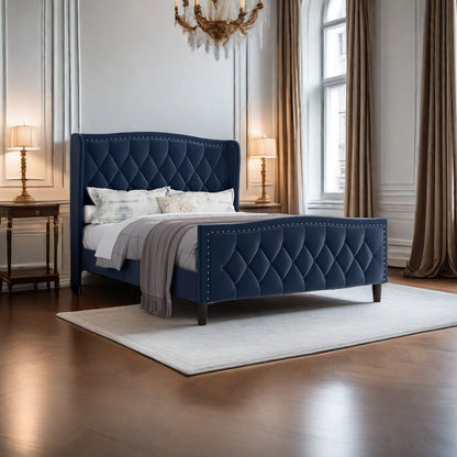 Velvet Upholstered Platform Bed with Wingback Headboard, Blue
