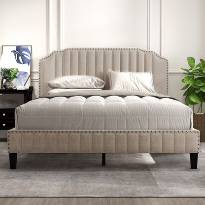 Modern Linen Curved Upholstered Platform Bed, Beige