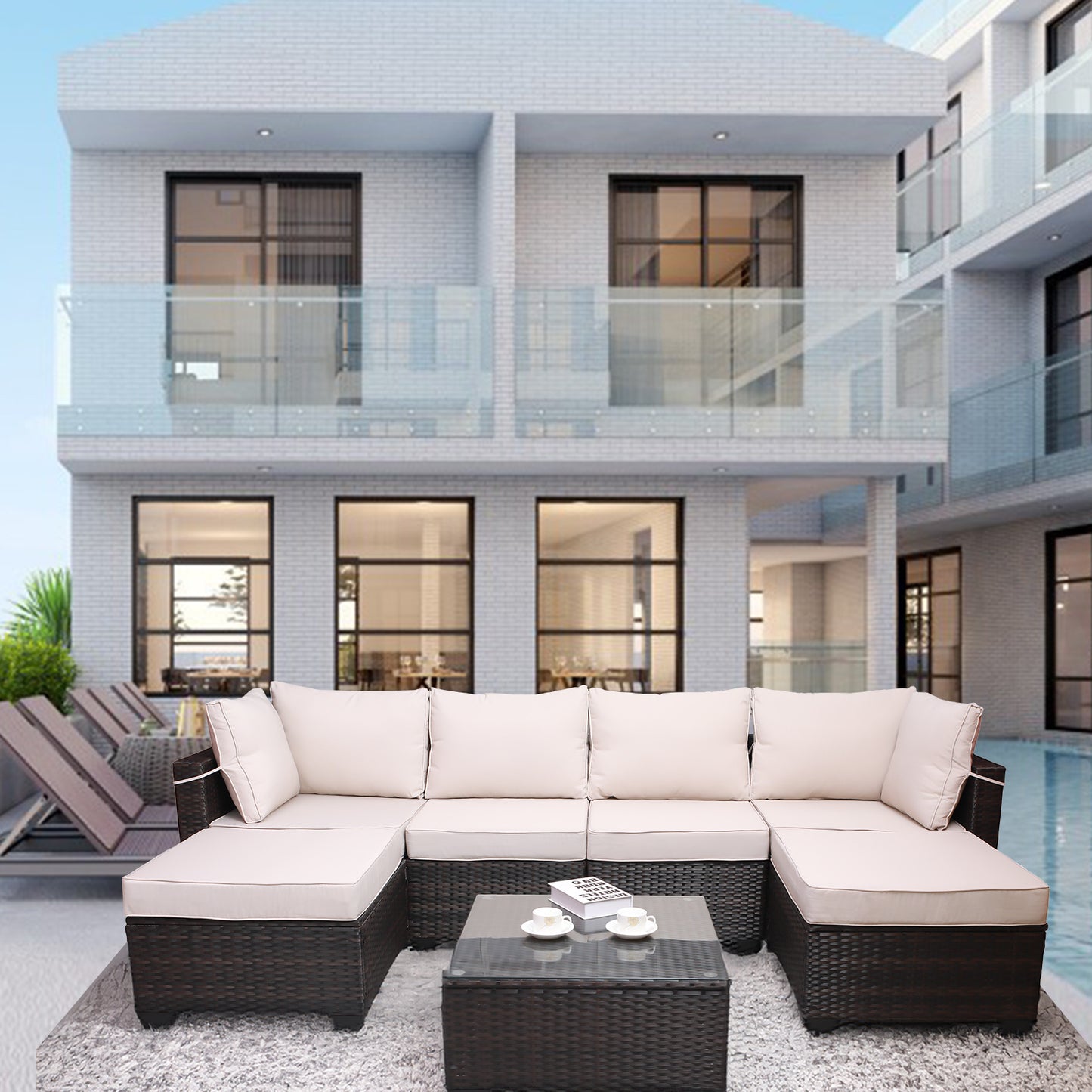 7 pieces outdoor patio sectional sofa couch set with washable cushions & glass coffee table