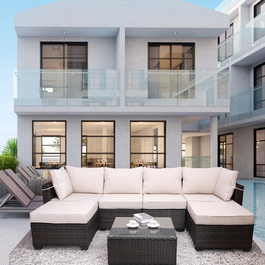 7 Pieces Outdoor Patio Sectional Sofa Couch Set with Washable Cushions & Glass Coffee Table
