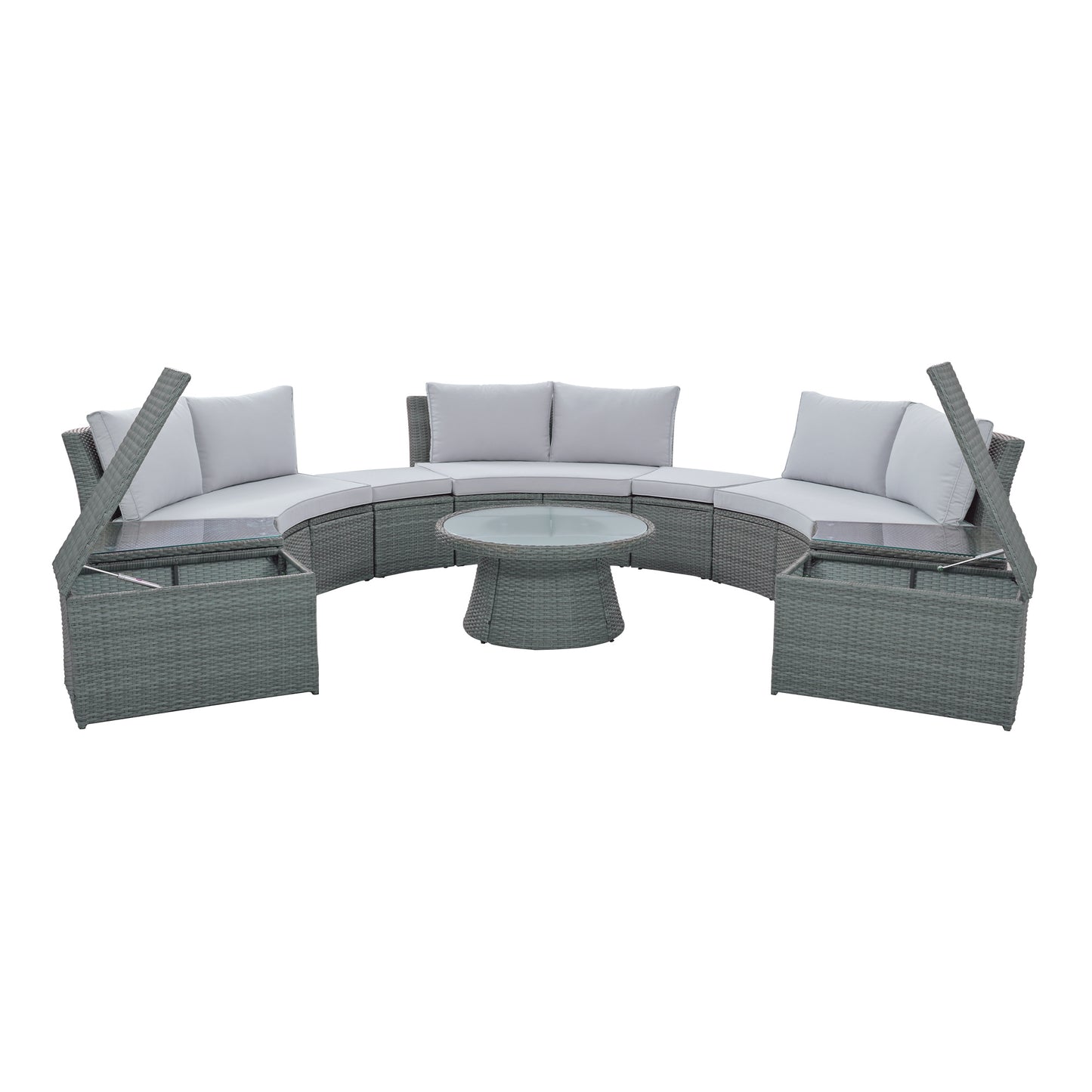 10-piece outdoor sectional half round patio rattan sofa set, light gray