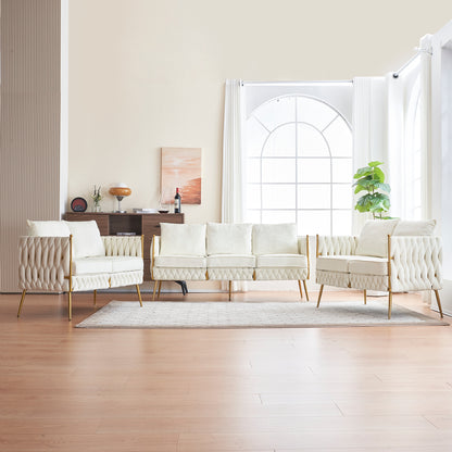 3 Piece Modern Velvet Upholstered Set, Cream White Velvet
