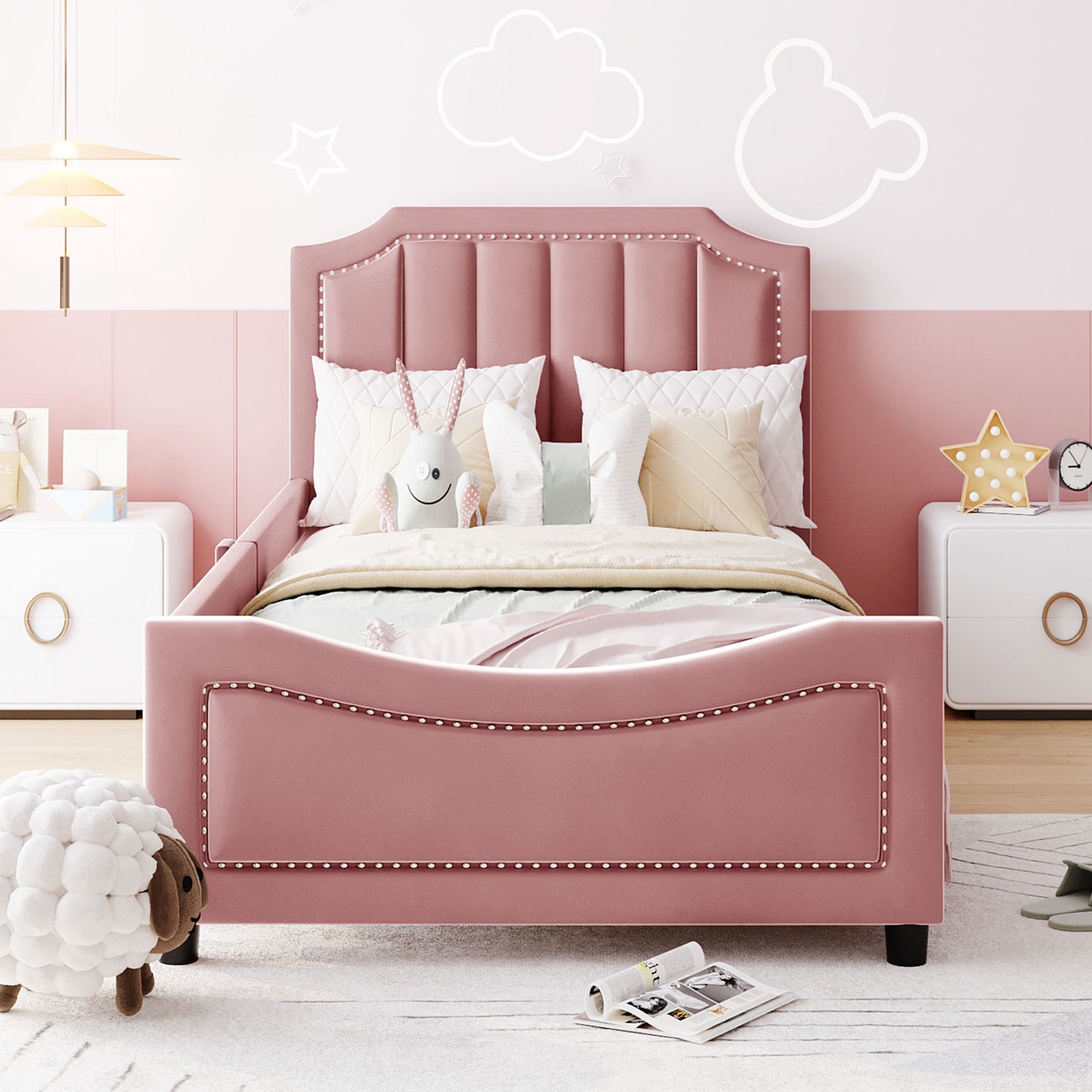 twin size upholstered daybed with classic stripe shaped headboard, pink