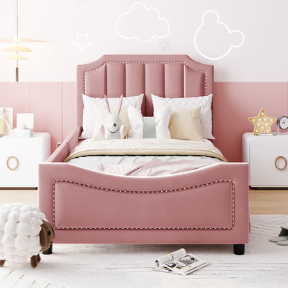 Twin Size Upholstered Daybed with Classic Stripe Shaped Headboard, Pink