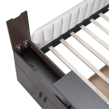 Upholstered Multi-functional Daybed with Cup Holder and a set of USB Ports and Sockets, Beige