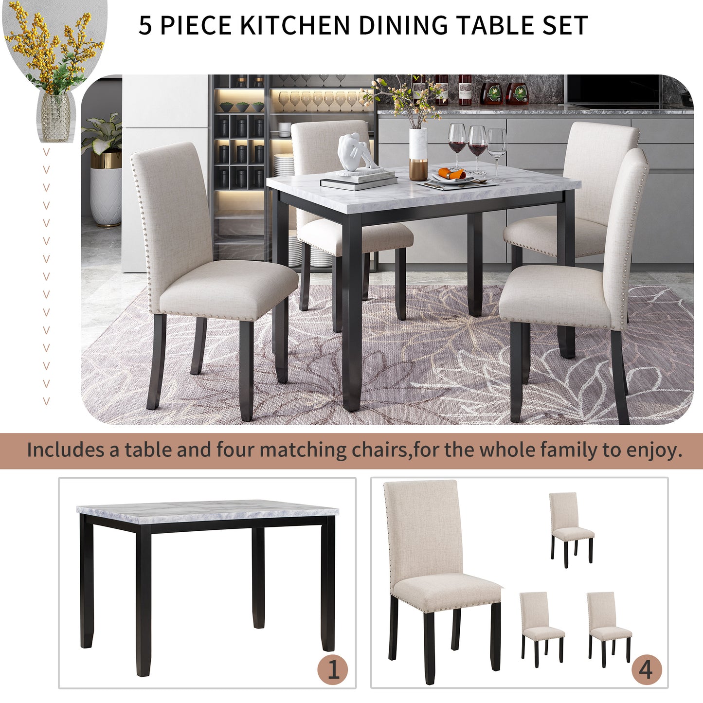 faux marble 5-piece dining table set ,white/beige+black