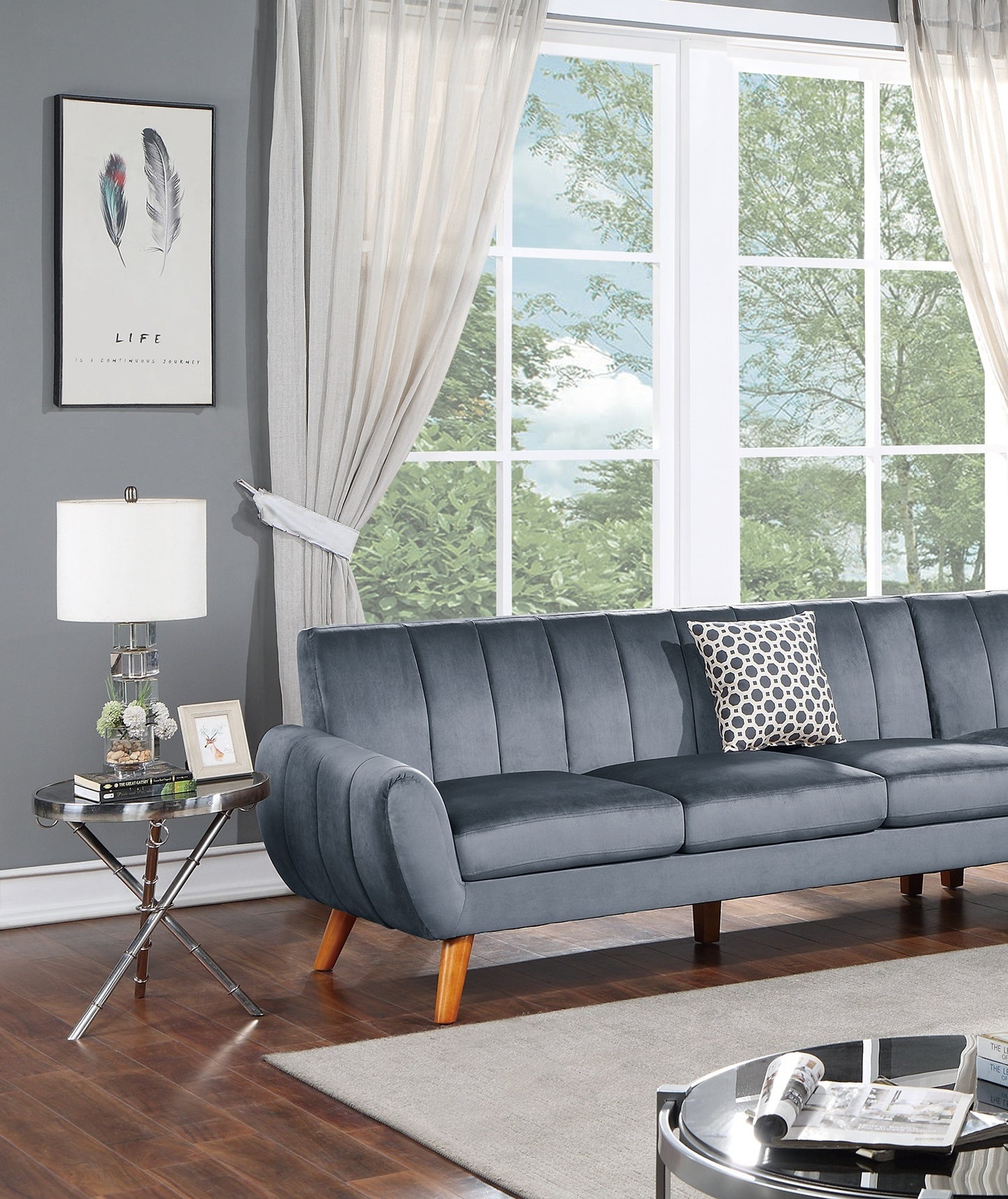 contemporary 2-pcs sectional set living room furniture dark gray velvet couch left facing sofa, right facing loveseat wedge plush cushion