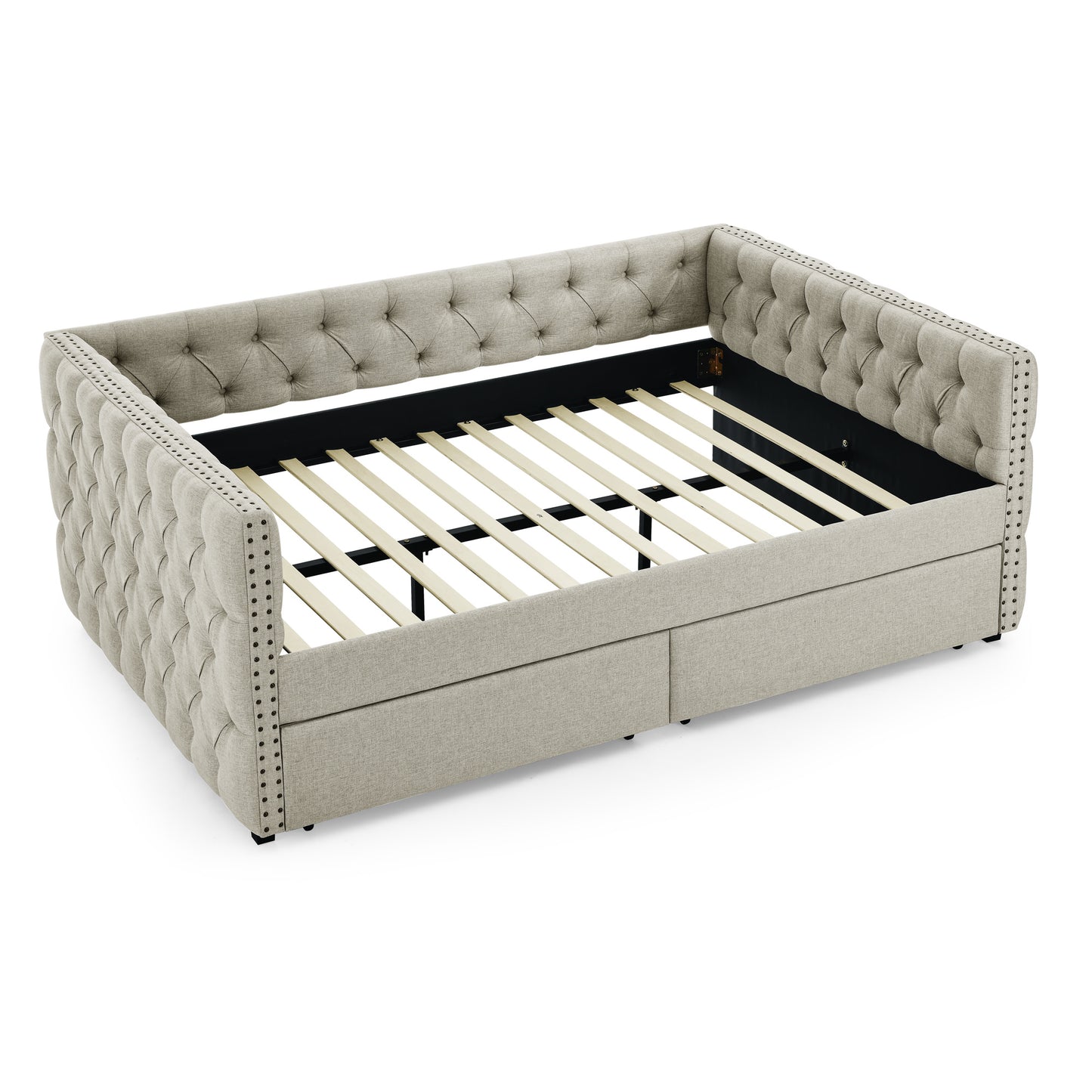 upholstered full size bed with two drawers, beige