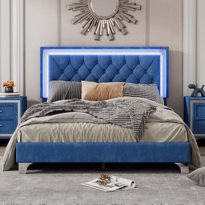 Upholstered Bed Frame with LED Lights, Blue